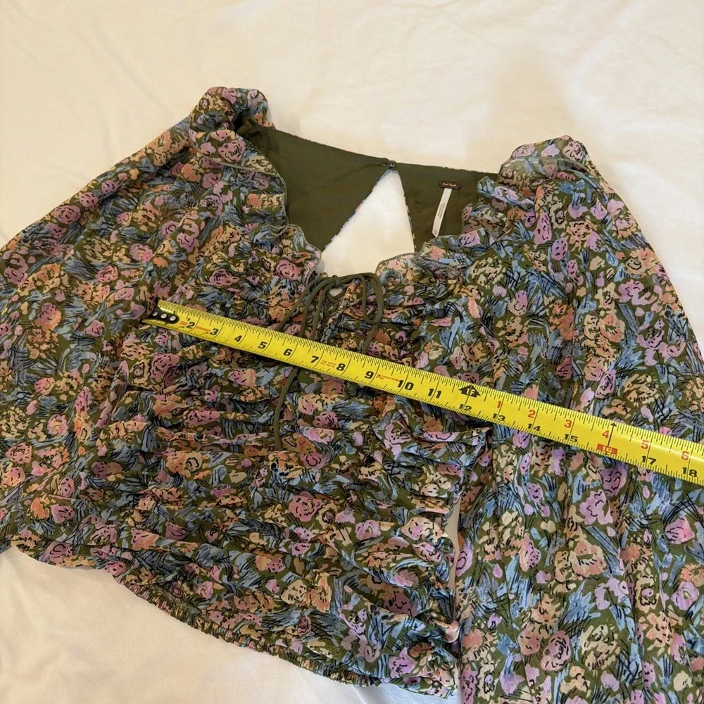 Free People Shirt Womens XS Green Floral Smocked Mabel Puff Sleeve‎ Boho Top